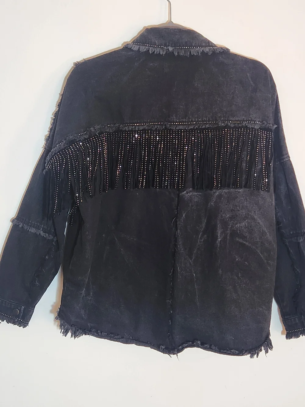 Zara Black Rhinestone Fringe Distressed Denim Jacket Size XS